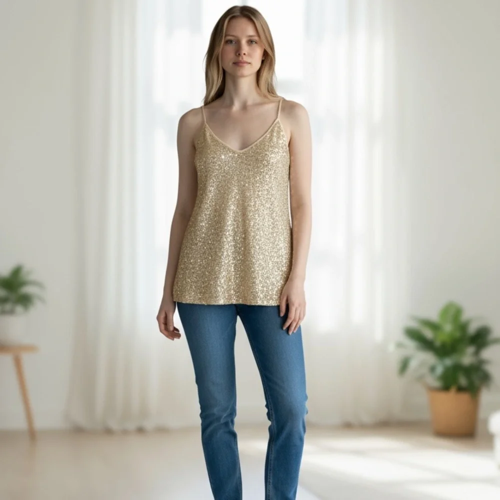 Express Gold Sequin Camisole Top, Size L, by Express